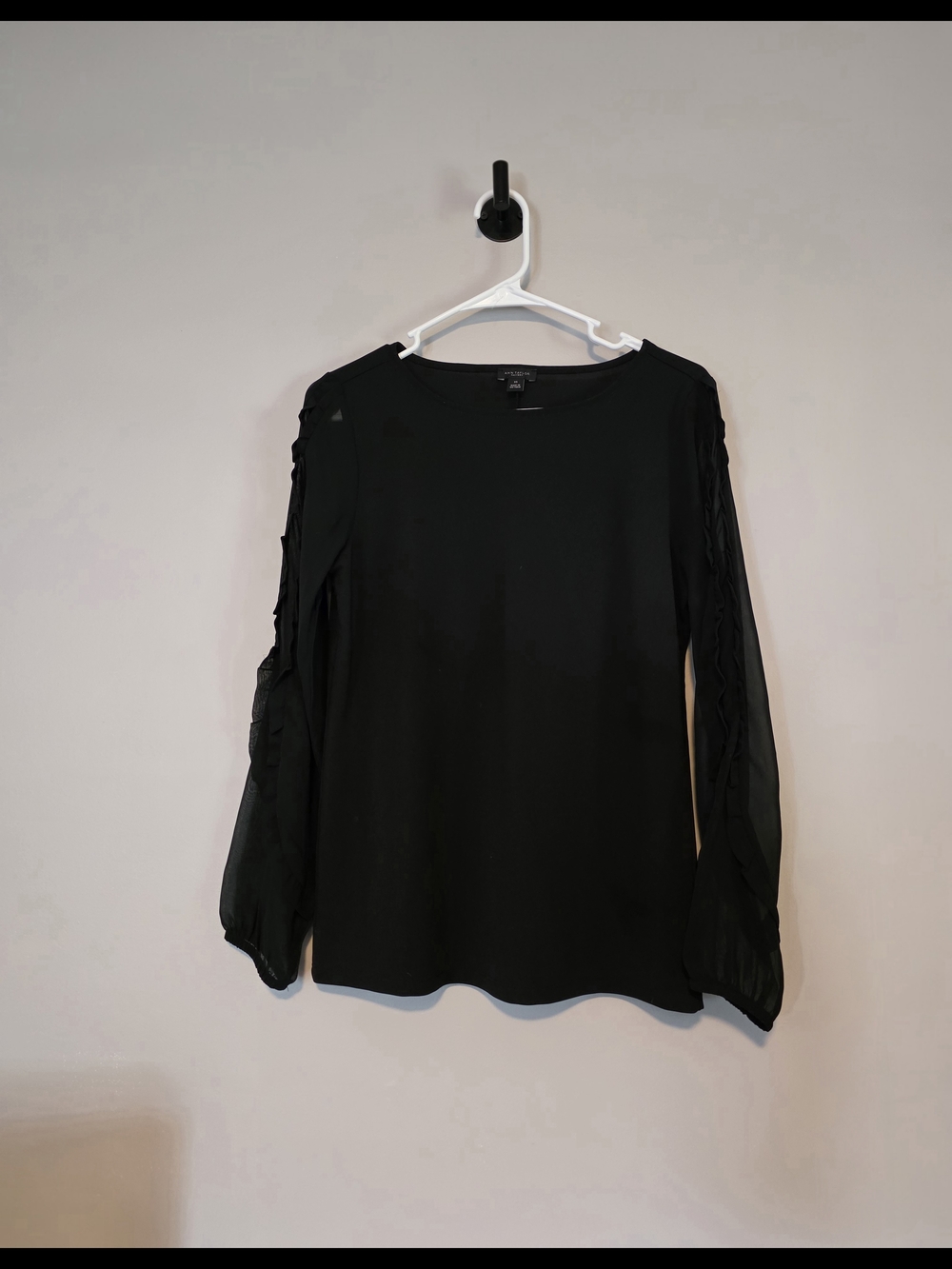 Ann Taylor Factory Black Long-Sleeve Top with Ruffle Sleeve Detail